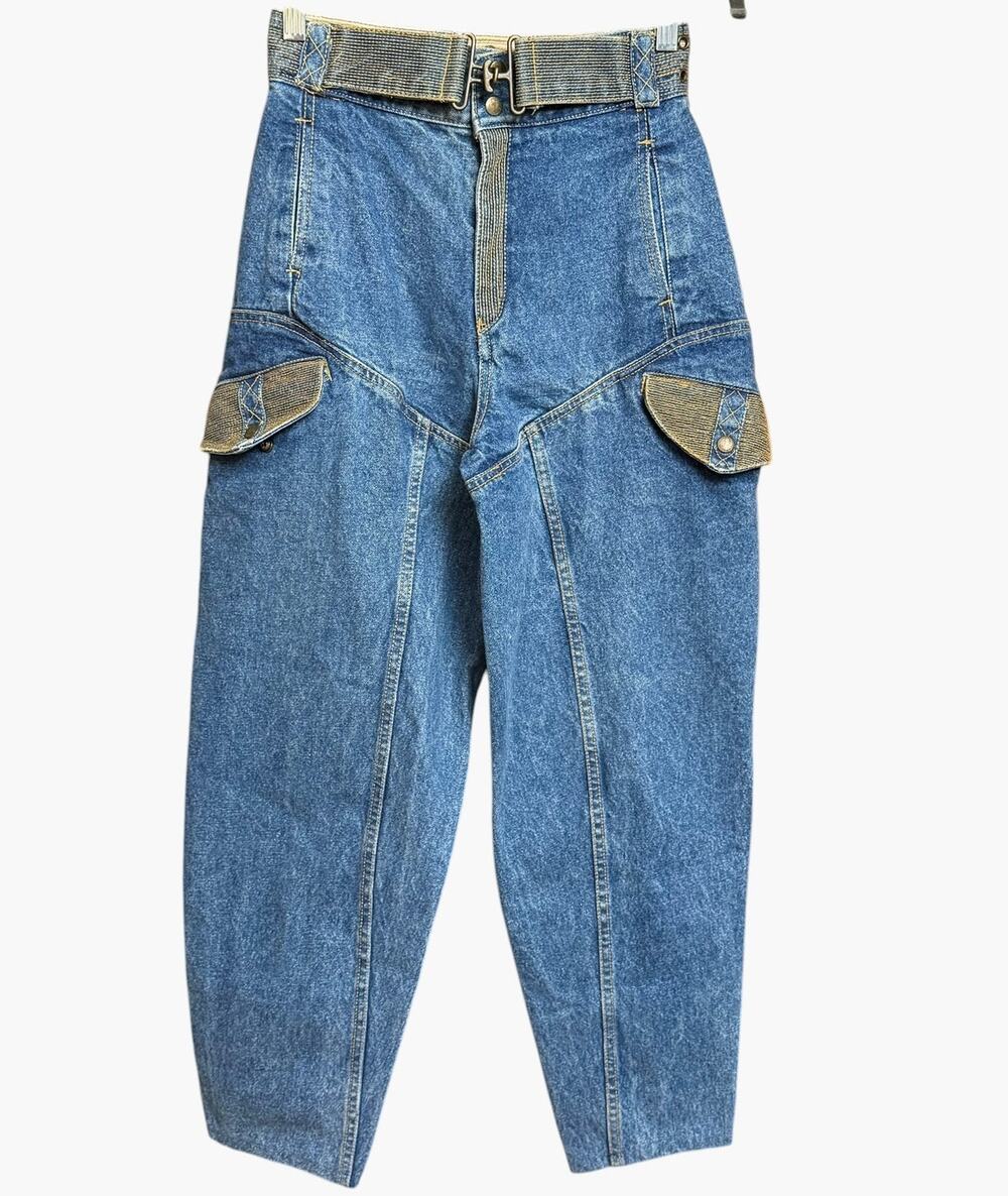 Vintage 80s Gasoline Jeans Size 5 High Waist Belted Cargo Barrel Leg Denim